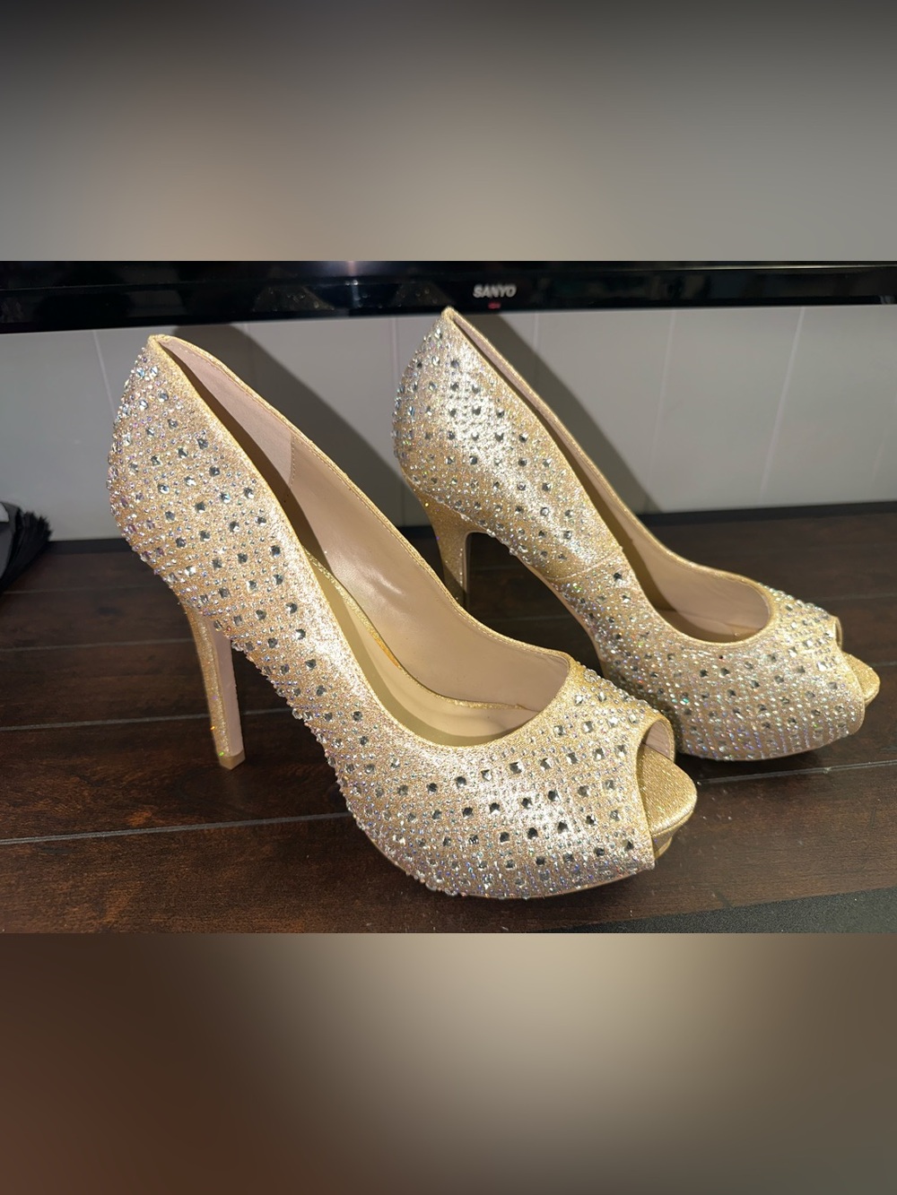 Glitter Crystal Peep-Toe High Heels - Gold Champagne 10M
